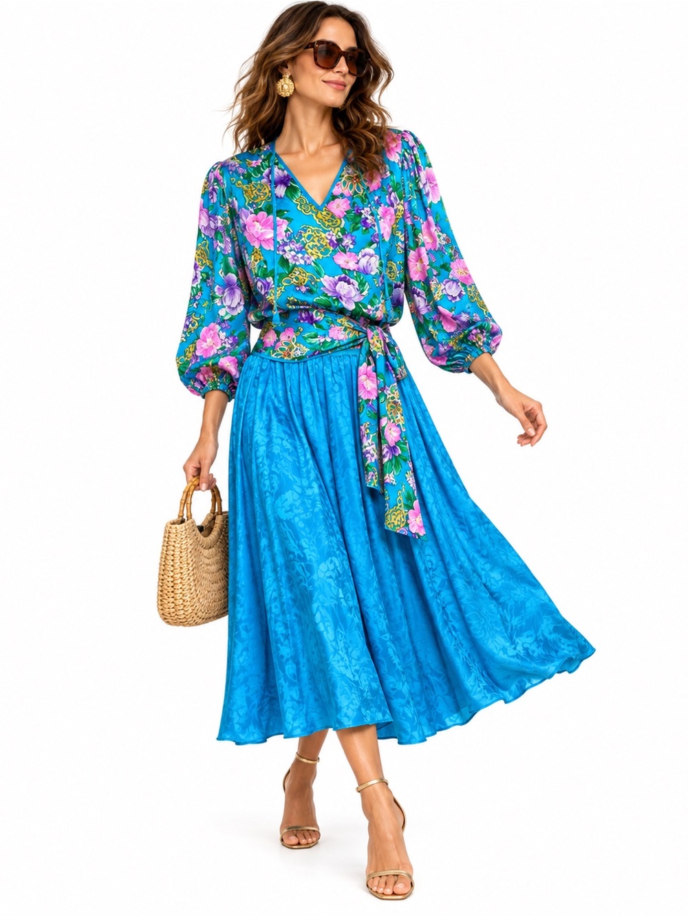 Vintage DIANE FREIS 100% Silk Floral Blouse Skirt Set 80s One Size Dopamine